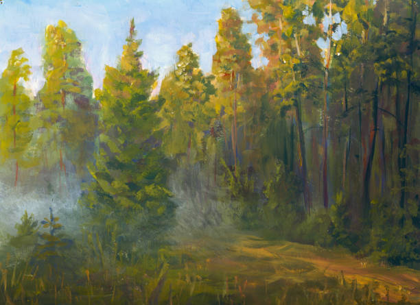 istock morning fog in a pine forest, painting 1809812901