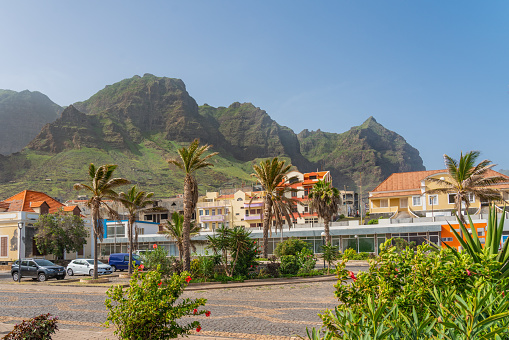 Santo Antao Island, Cape Verde - October 10.2023: Ponta do Sol village view with buildings and mountain range in background