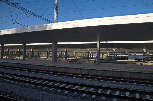 The railway tracks at the train station