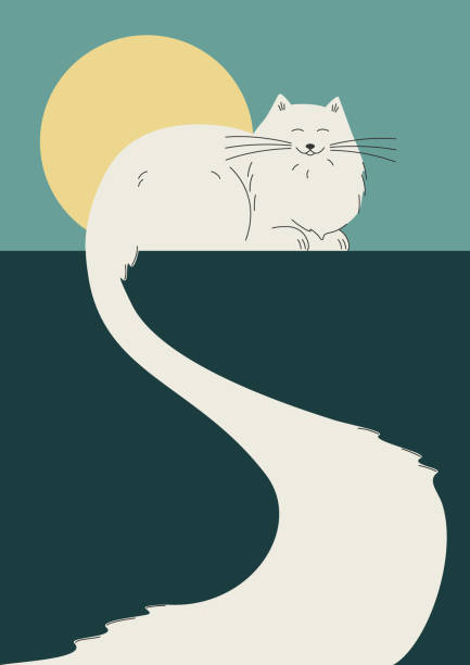 śliczny kot widok na góry z plakatem drogowym. kotek siedzi samotnie o wschodzie słońca. - vector solitude spirituality contemporary stock illustrations