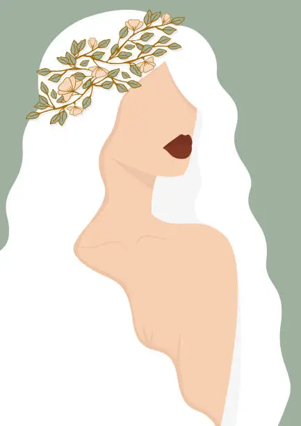 Vector illustration of Hand drawn beautiful young woman in flower wreath. Cute girl with long white hair.