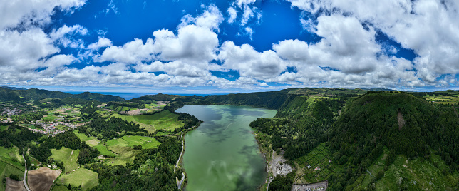 Aerial view of Lagoa das Furnas located on the Azorean island of Sao Miguel, Azores, Portugal. Lake Furnas (Lagoa das Furnas) on Sao Miguel, Azores, Portugal from the Pico do Ferro scenic viewpoint.