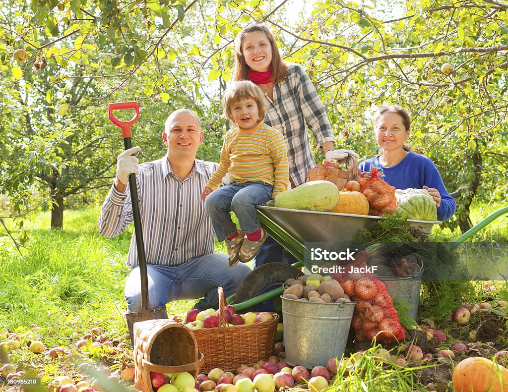 Happy  family with  harvest Happy  family with  harvest in vegetable garden Agriculture Stock Photo