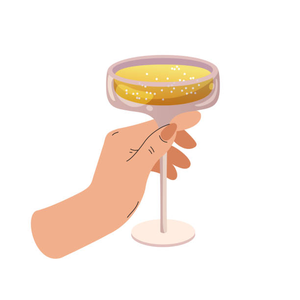 Hand holds glass glass with champagne on white background. Festive illustration for Christmas. Hand holds glass with champagne on white background. Festive illustration for Christmas. New Years greeting card. Drawing of champagne glass. Vector flat illustration. christmas menu template clip art stock illustrations