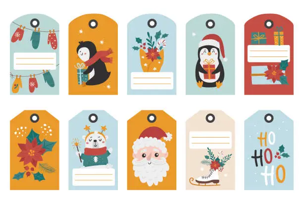 Vector illustration of Christmas stickers collection for gift tags.