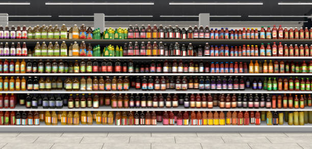 Juice on shelf at supermarket Juice on shelf mockup and illustration here are some common types of juice drinks you can find on supermarket shelves. Brand-less labels. Ideal for graphic designers, architects and interior designers. Can also be used for planograms and schematics grocery shelf cans stock pictures, royalty-free photos & images