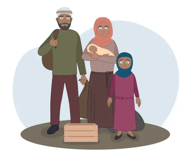 Vector illustration of Poor refugee family. Woman with child. Displaced people. People being evacuated. Vector illustration concept.