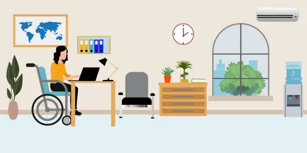 Vector illustration of woman in wheelchair works in office