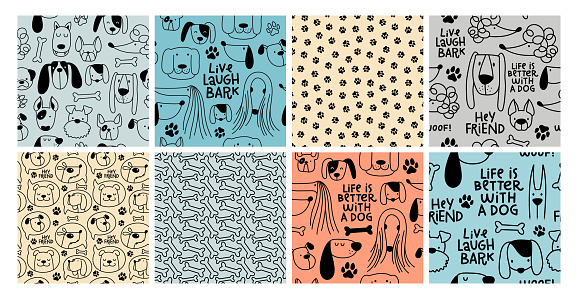 Seamless pattern with heads of different breeds dogs.