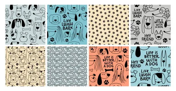Vector illustration of Seamless pattern with heads of different breeds dogs.