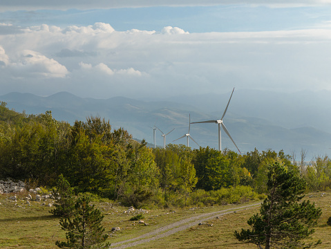 Wind turbines on a mountain meadow in autumnal Croatia.