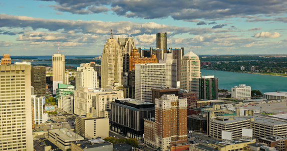 Aerial view of Detroit, Michigan at sunset on a Fall evening.