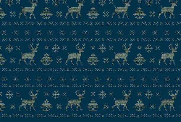 Vector illustration of Seamless Pattern of Winter Holiday Theme With Knitted Reindeer, Deer, Holiday Christmas Tree, Snowflake Design, Wallpaper, Elegant Ugly Christmas Sweater Pattern