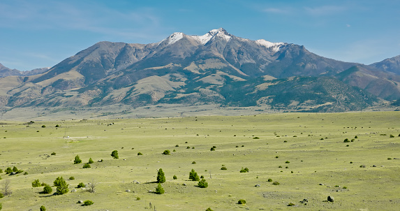 Aerial shot of scenery near the town of Emigrant in Paradise Valley,  carved by the Yellowstone River in Park County, Montana. The valley is surrounded by the Absaroka Range and Gallatin Range and is located just north of Yellowstone National Park