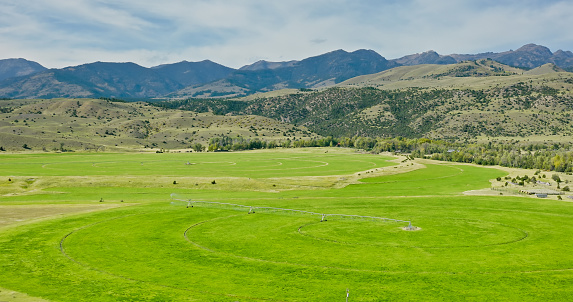 Aerial shot of scenery near the town of Emigrant in Paradise Valley,  carved by the Yellowstone River in Park County, Montana. The valley is surrounded by the Absaroka Range and Gallatin Range and is located just north of Yellowstone National Park