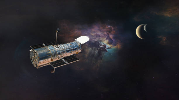 Hubble space telescope in deep space. Orbital space observatory. Stars and galaxies research. Elements of this image furnished by NASA (url: https://science.nasa.gov/science-red/s3fs-public/styles/large/public/thumbnails/image/Hubble-sm.png)