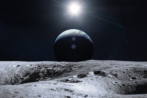 Earth planet from Moon surface. Moon and Earth. Elements of this image furnished by NASA.