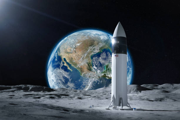 istock Starship spacecraft on Moon surface with Earth planet. Artemis space mission. Elements of this image furnished by NASA. 1809915766