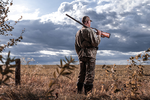 Hunter with a gun on his shoulder against the background of the field