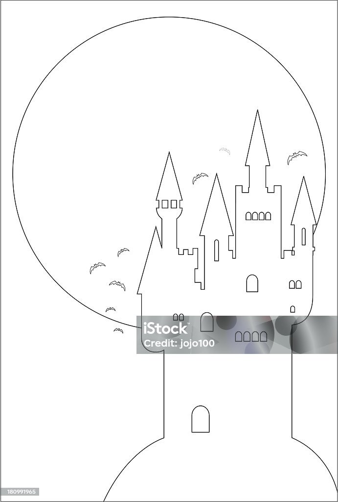 Spooky Halloween Castle and Full Moon in Outline Outline of a haunted Halloween castle at midnight - ideal for printing out and colouring in. Backgrounds stock vector