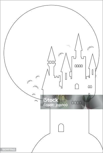Spooky Halloween Castle And Full Moon In Outline Stock Illustration - Download Image Now - Backgrounds, Night, Halloween