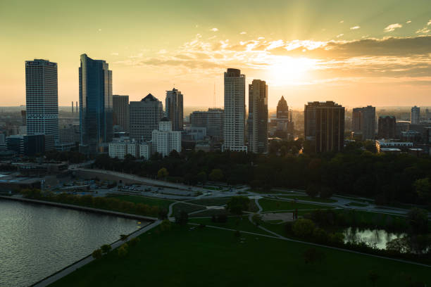 istock Sun Setting Behind Milwaukee Skyline - Aerial 1809926763
