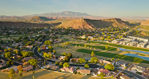 Aerial shot of residential streets of single family homes in St. George, a city in Washington County in southwestern Utah.