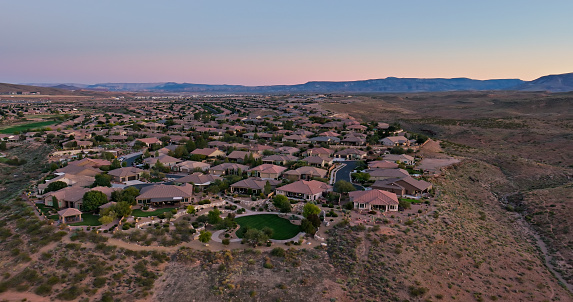 Aerial shot of residential streets of single family homes in St. George, a city in Washington County in southwestern Utah.