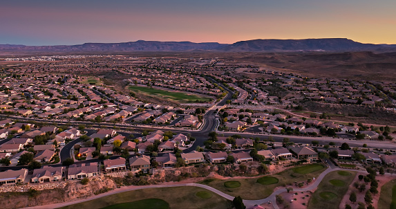 Aerial shot of residential streets of single family homes in St. George, a city in Washington County in southwestern Utah.