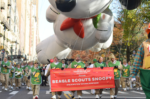 Inflated the Beagle Snoopy is seen during the annual Macys Thanksgiving Day Parade in Mid-Manhattan, New York City.