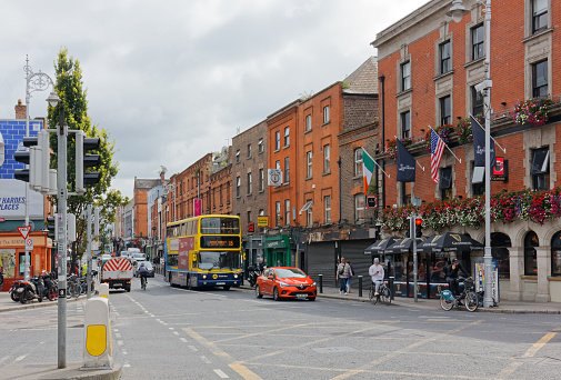 DUBLIN, Ireland - August 4, 2023: Colorful and lively street in downtown Dublin