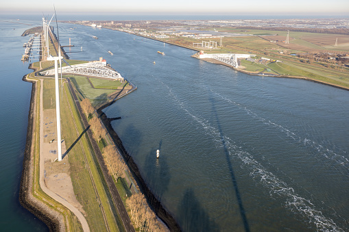 Aerial view Maeslantkering, big storm surge barrier in the Netherlands