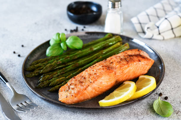 istock Baked salmon with asparagus for dinner 1809937692