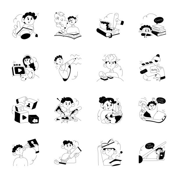 Handy Set of Study Hand Drawn Illustrations Display the world of knowledge with our education illustration set. From online education struggles to exam stress and the determination to study hard, explore character designs that vividly portray the essence of academic life. tea cup ride stock illustrations