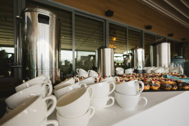 커피, 컵 테이블 회의 또는 결혼식 연회에서 음식에. - business hotel cup meeting 뉴스 사진 이미지