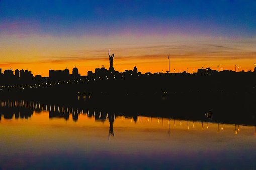 Kiev skyline over beautiful fiery sunset, Ukraine.