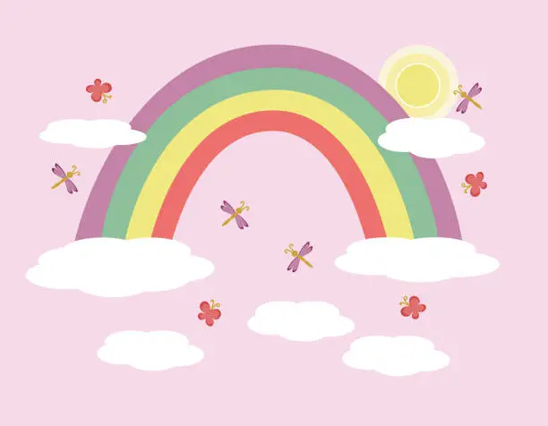 Vector illustration of Fairytale background Rainbow and sun in the sky with butterflies and dragonflies