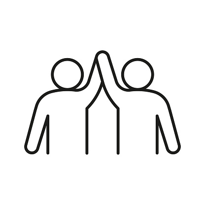 Friend greeting hand buddy, success, line icon. Two person give five. Happy respect on meeting, teamwork. Vector illustration