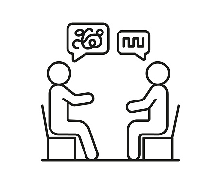 Psychologist and patient talk with speech bubble outline, therapy conversation two person, line sign. Dialog speak. Tangled mind and transcript. Vector illustration