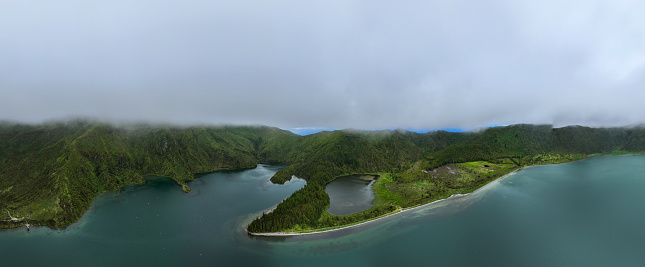 Beautiful aerial panoramic view of Lagoa do Fogo lake in Sao Miguel Island, Azores, Portugal.