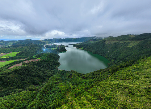 The view from the Miradouro da Vista do Rei viewpoint over Sete Cidades lakes in the Sao Miguel island in the Azores, Portugal