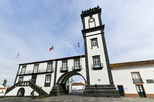 Municipality, Central square of Ribeira Grande and the Bridge Ponte dos Oito Arcos, at Sao Miguel Island, Azores, Portugal.