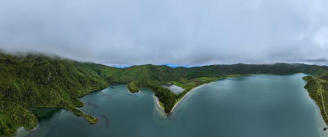 Beautiful aerial panoramic view of Lagoa do Fogo lake in Sao Miguel Island, Azores, Portugal.
