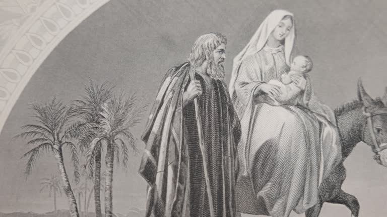 Antique Illustration of Mary and Joseph Fleeing to Egypt With Jesus