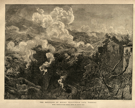 Vintage illustration Eruption of Mount Vesuvius in 1872 a lava torrent overwhelming houses, 19th Century