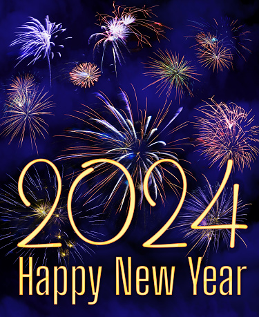 Happy New Year 2024 lettering on a night blue sky background with fireworks.