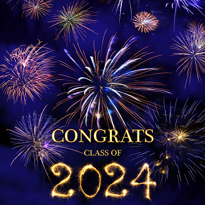 CONGRATS CLASS of 2024 lettering with beautiful fireworks on a night blue sky background. 2024 is written by a sparkler trace. Can be used as a template for high school or college university graduate party, graduate invitations, card or banner.