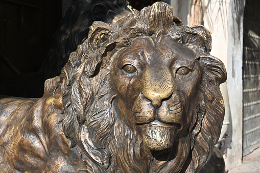 Crafts: Bronze lion sculpture with a matt polished surface