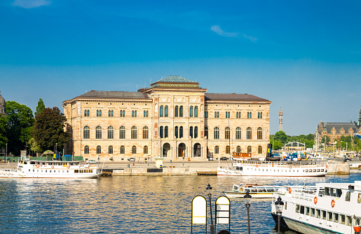 Stockholm, Sweden, May 29, 2018: National Museum of Fine Arts Nationalmuseum building located on peninsula Blasieholmen in city centre with near Lake Malaren