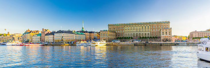 Stockholm, Sweden, May 30, 2018: Panoramic view of Old  town Gamla Stan historical quarter with Royal Palace eastern facade